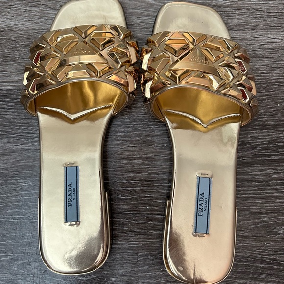 Prada Studded Gold Metallic Leather Slide Sandal. - Picture 7 of 11